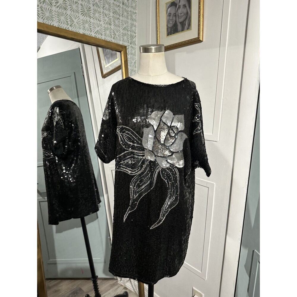 Vintage Beaded 100% Silk Judith Ann Creations Black Waist Dress Size Small
